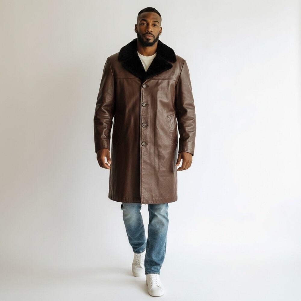 London Fog Vintage Faux Fur Collar Leather OverCoat 44R